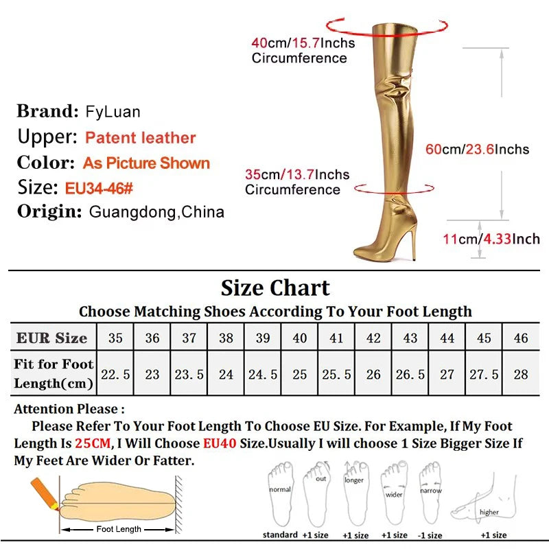 Fyluan Women’s Shiny Gold Over-the-Knee Boots – 11cm High Heels, Pointed Toe
