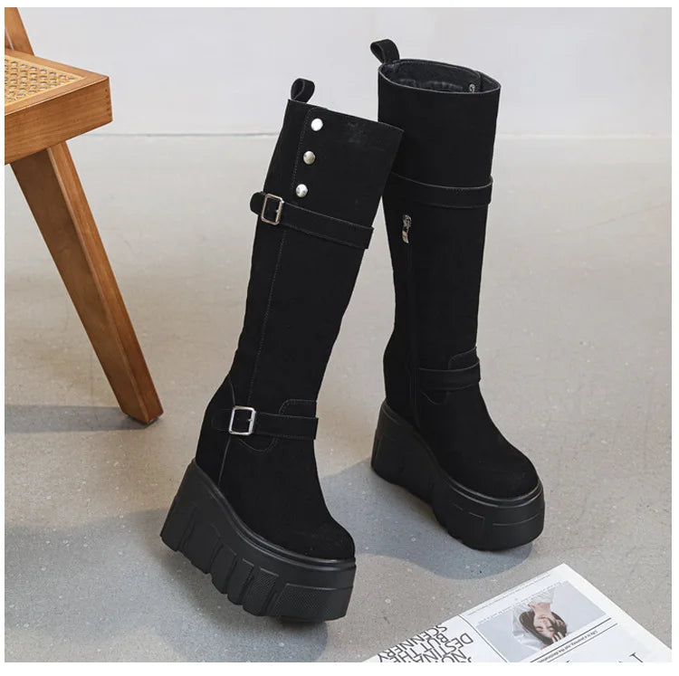 Motorcycle Boots – Microfiber & Synthetic Leather Platform Wedges, Spring/Autumn