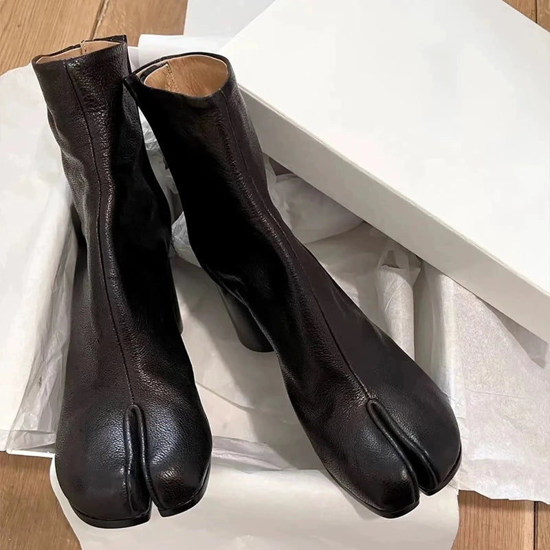 Women’s Split-Toe Tabi Ankle Boots – Chunky High Heel Chelsea Short Booties