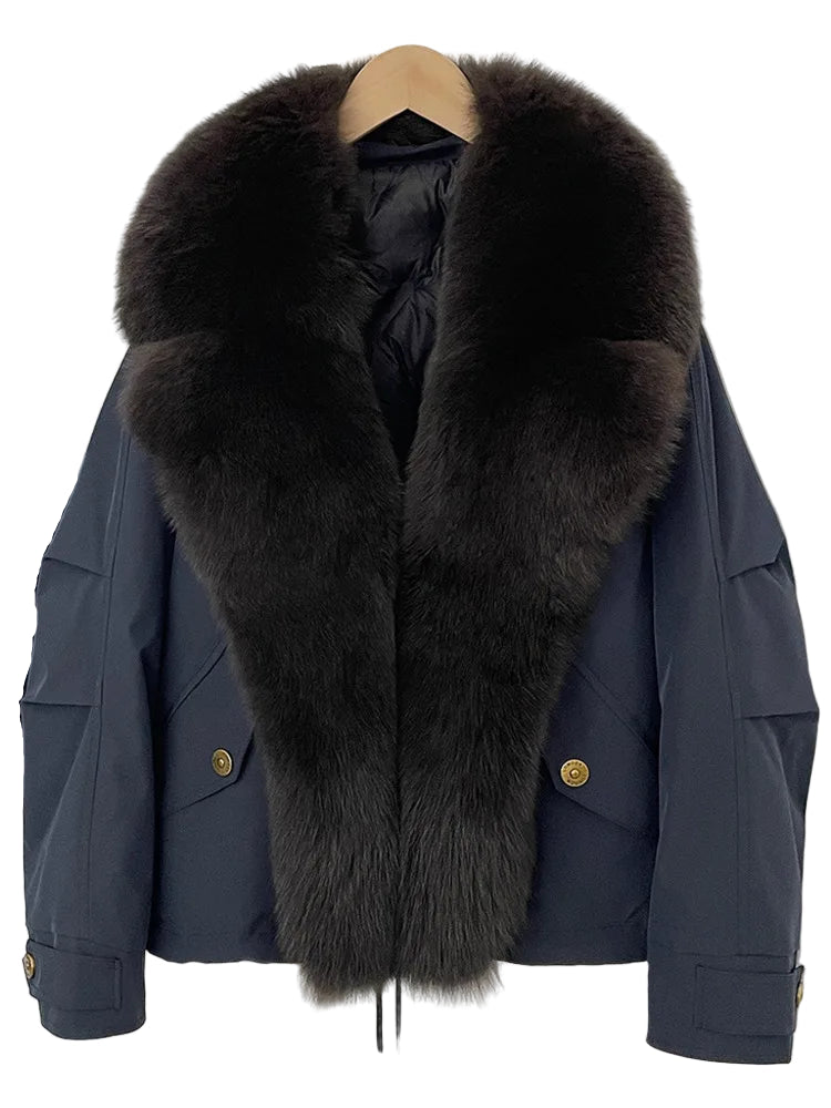 Navy blue jacket with a fur collar on a white background