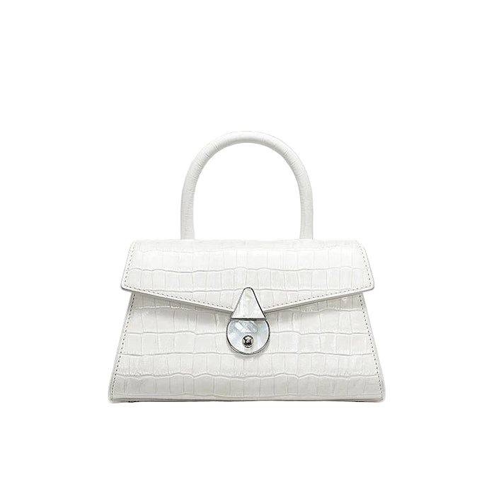 White handbag with a silver clasp on a light gray background, featuring the brand 'Bafelli'.