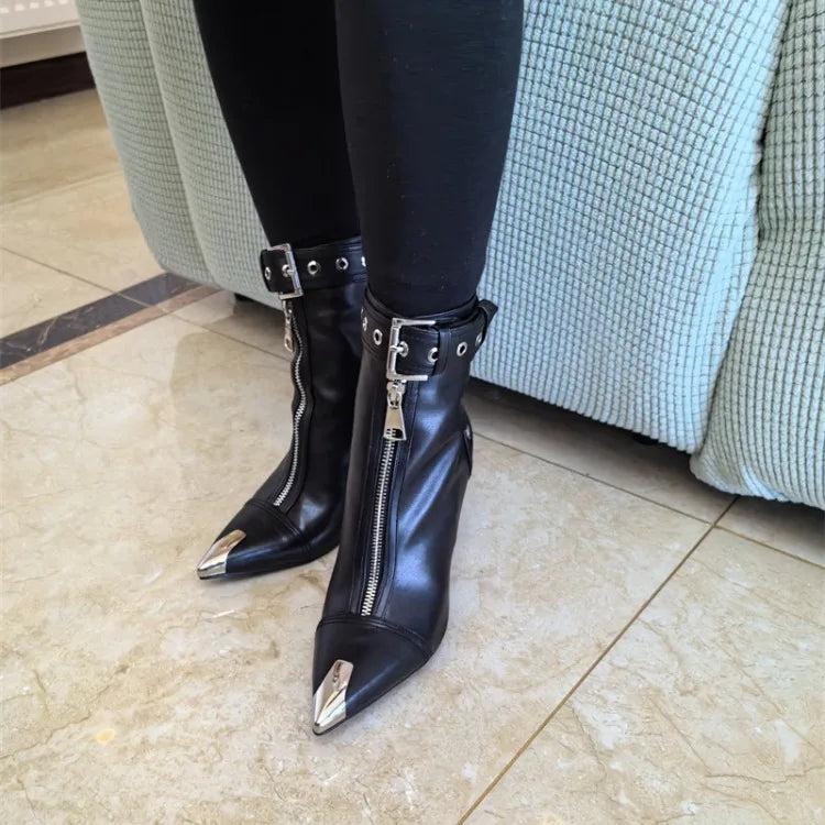 Pointed Ankle Boots – Belt Buckle & Front Zipper,