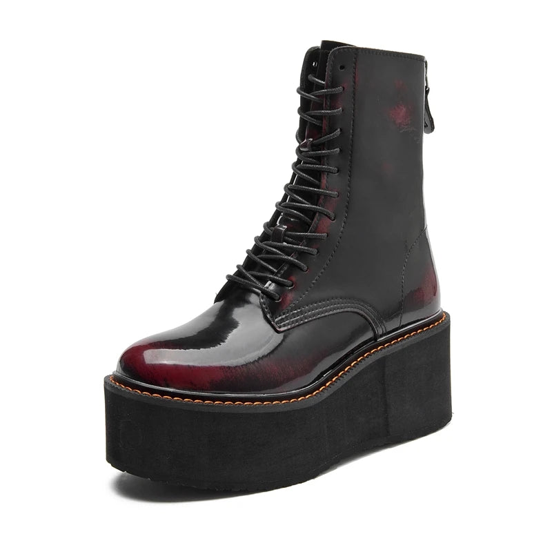 Women’s Genuine Leather Ankle Boots – Retro Lace-Up High-Heel Platform Short Boots