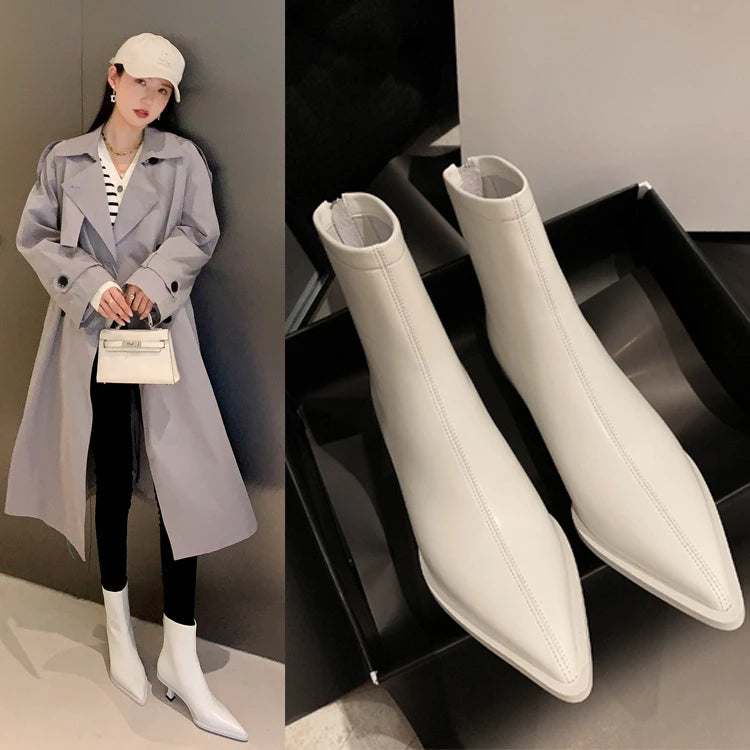 SLSHLYJ Pointed Cowhide Ankle Boots – 5.5cm Slim Heel