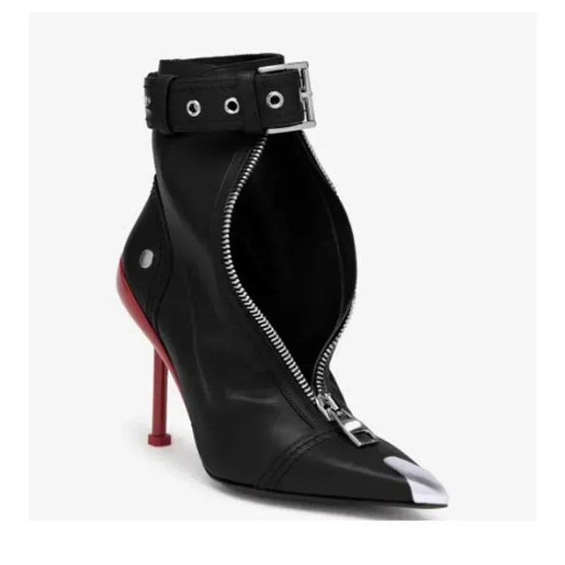 Pointed Ankle Boots – Belt Buckle & Front Zipper,