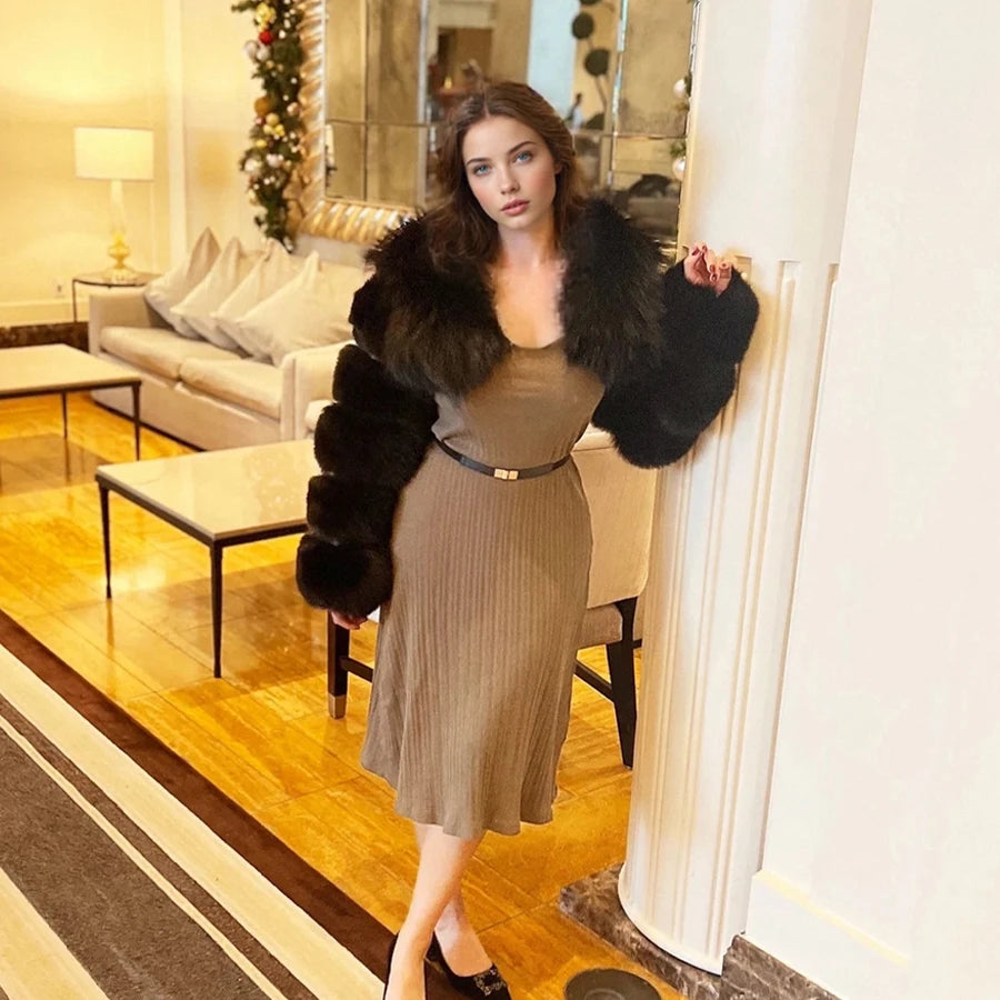 Cropped Real Raccoon Fur Jacket – Short Luxury Bomber Coat for Women