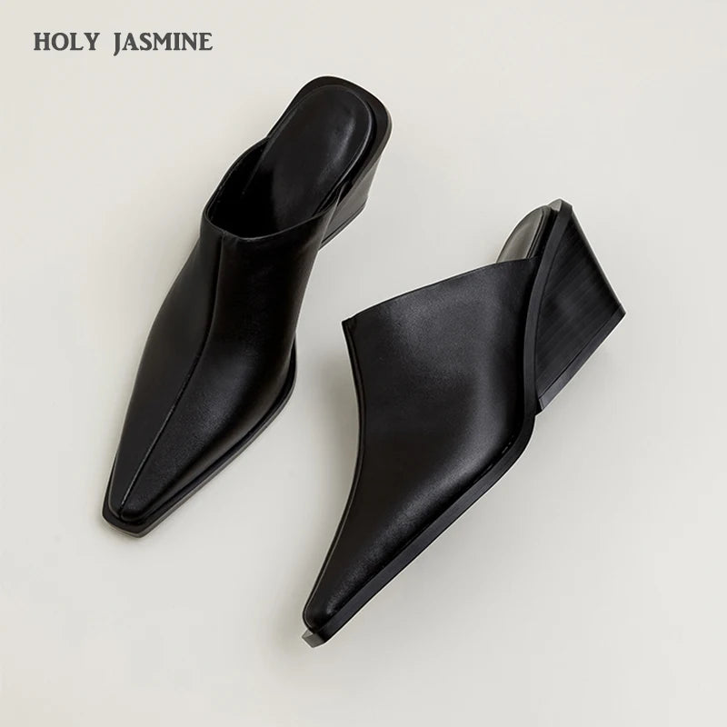 HOLY JASMINE Women’s Genuine Leather Mules – Summer Chunky Heel Wedges