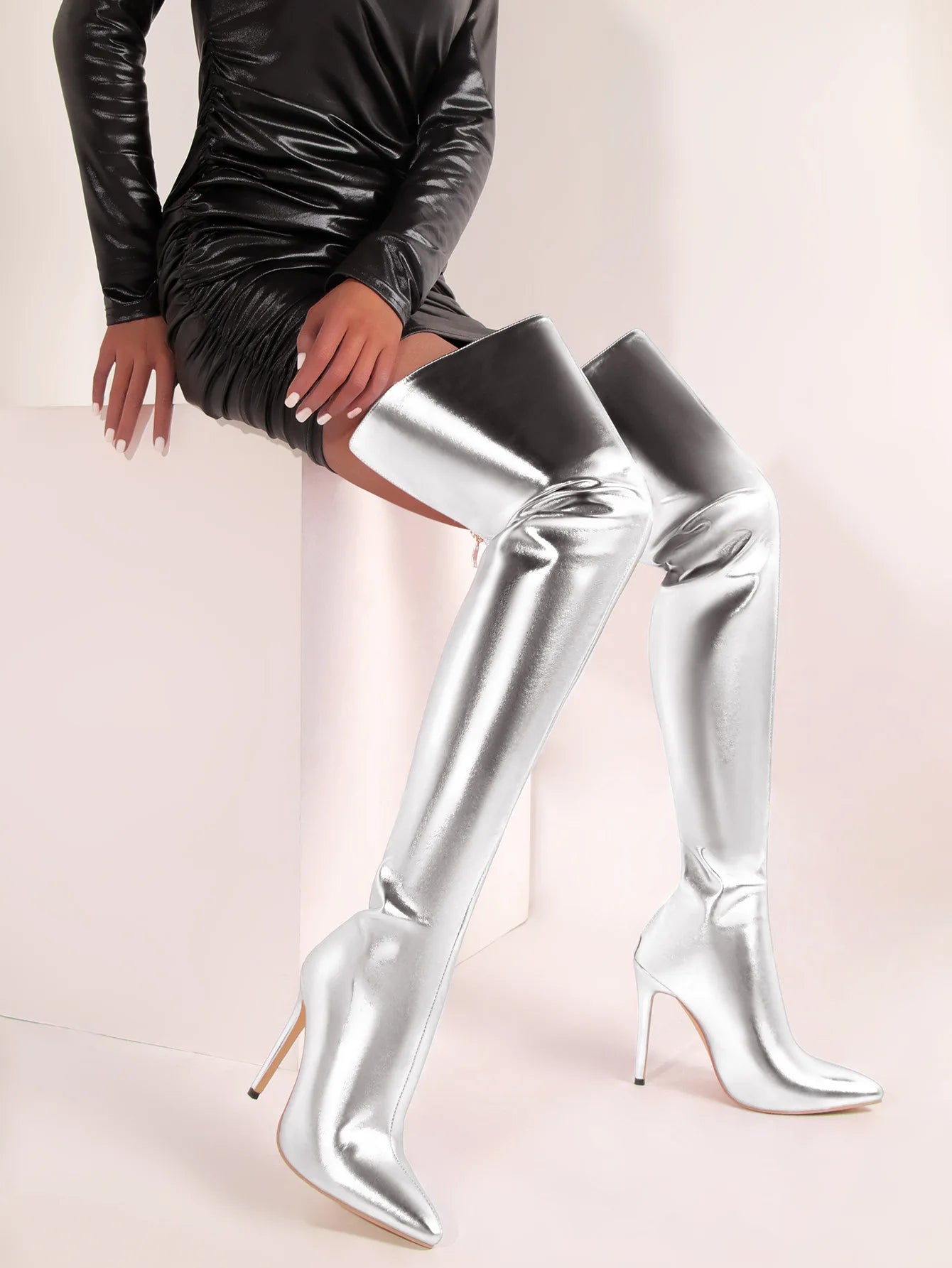 Fyluan Women’s Shiny Gold Over-the-Knee Boots – 11cm High Heels, Pointed Toe