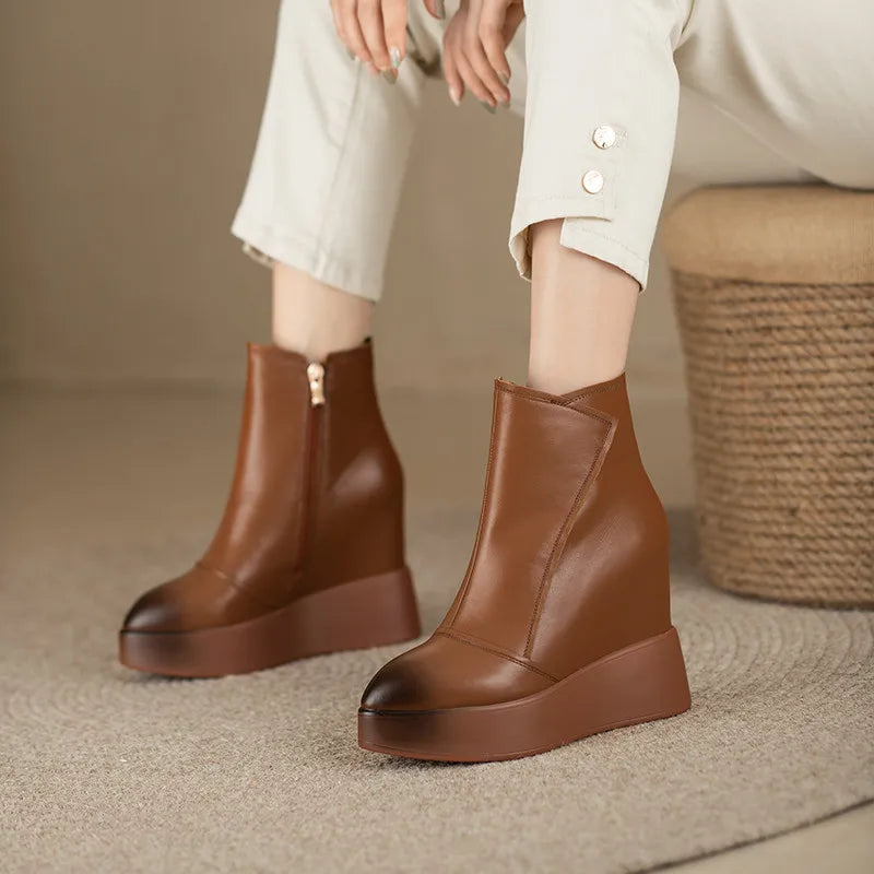 MKKHOU Genuine Leather Pointed Toe Wedge Boots