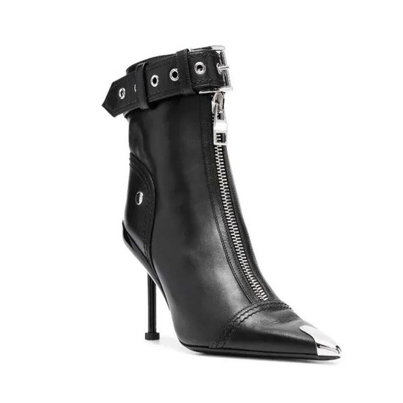 Pointed Ankle Boots – Belt Buckle & Front Zipper,