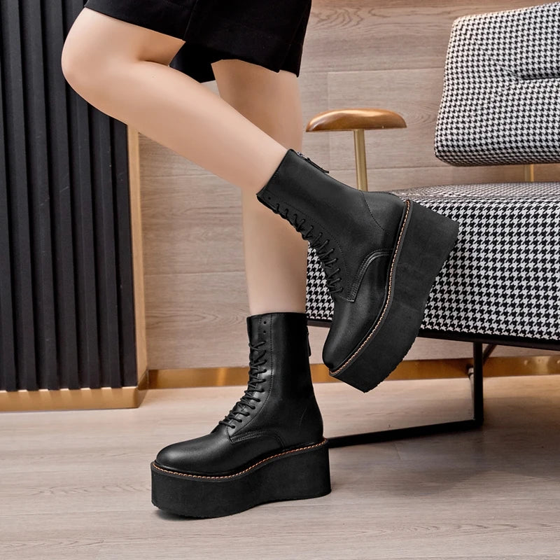 Women’s Genuine Leather Ankle Boots – Retro Lace-Up High-Heel Platform Short Boots