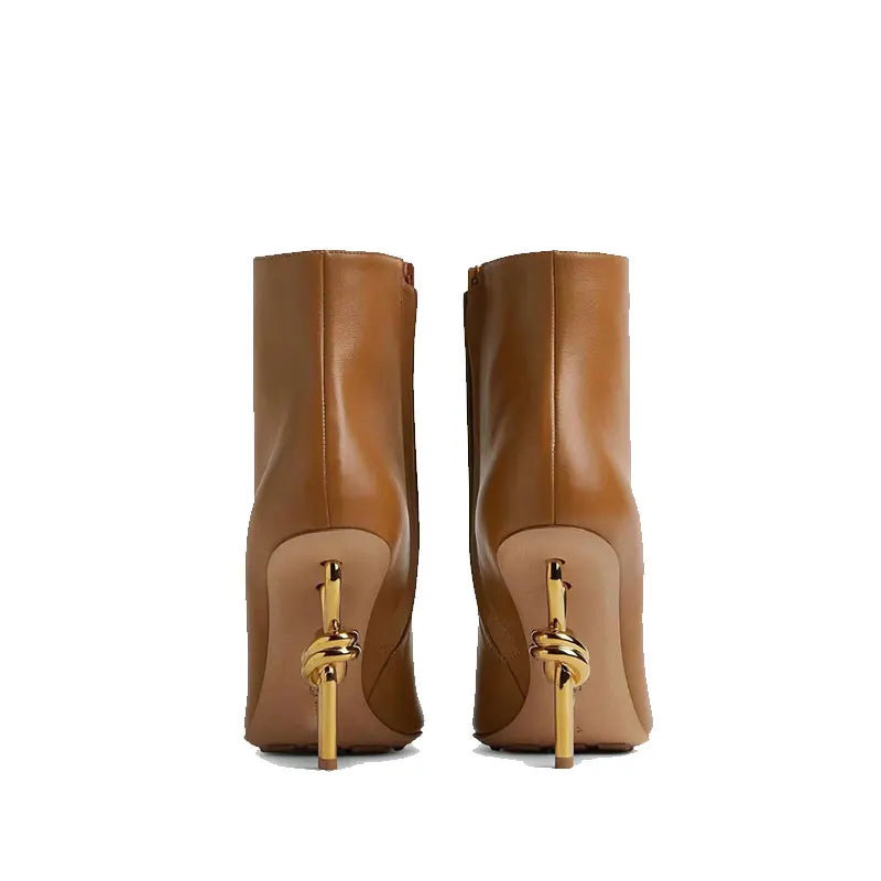 Thermal Square Toe Ankle Boots – Metal Knot Heel Stiletto Boots for Women