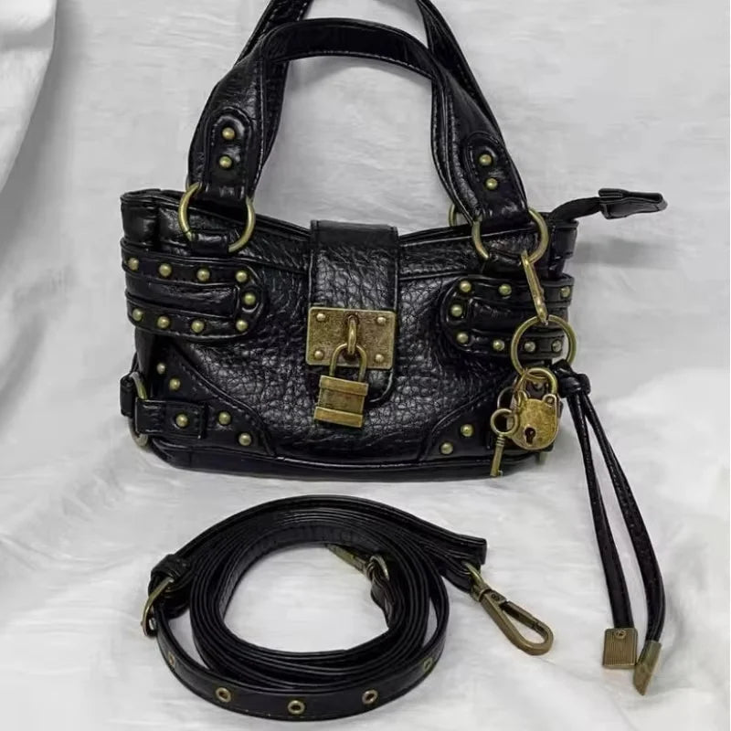 Y2K Motorcycle Handbag – Retro Leopard Print Distressed PU Leather Bag for Women