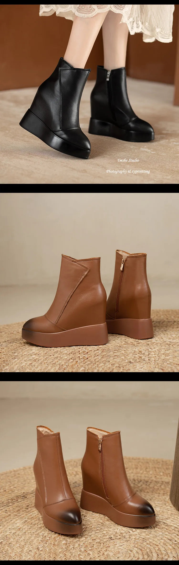 MKKHOU Genuine Leather Pointed Toe Wedge Boots