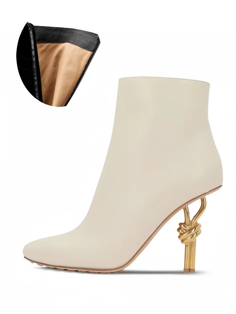 Thermal Square Toe Ankle Boots – Metal Knot Heel Stiletto Boots for Women