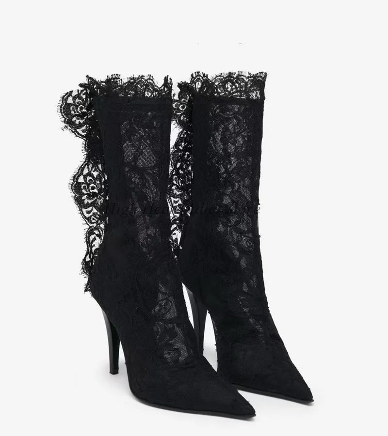 Bondarenko Sexy Lace Embroidered Ankle Boots – Pointed Toe High Heel Designer