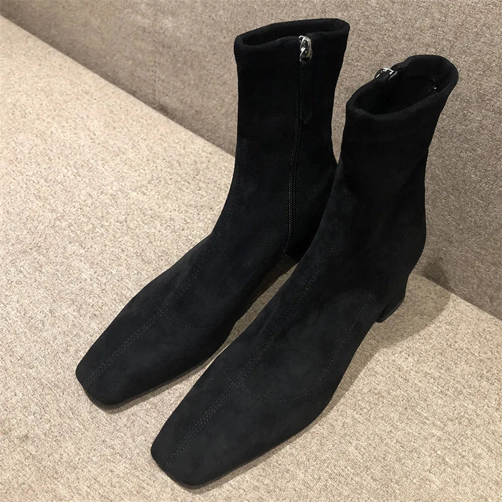 Diane Lockhart Square Toe Elastic Ankle Boots – Chic Thick-Heeled Bare Booties for Women