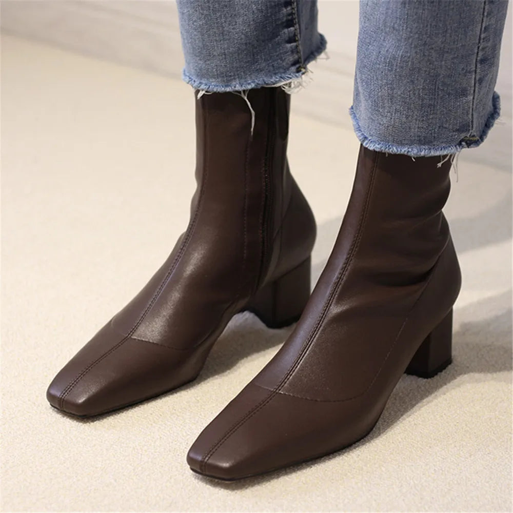 Diane Lockhart Square Toe Elastic Ankle Boots – Chic Thick-Heeled Bare Booties for Women