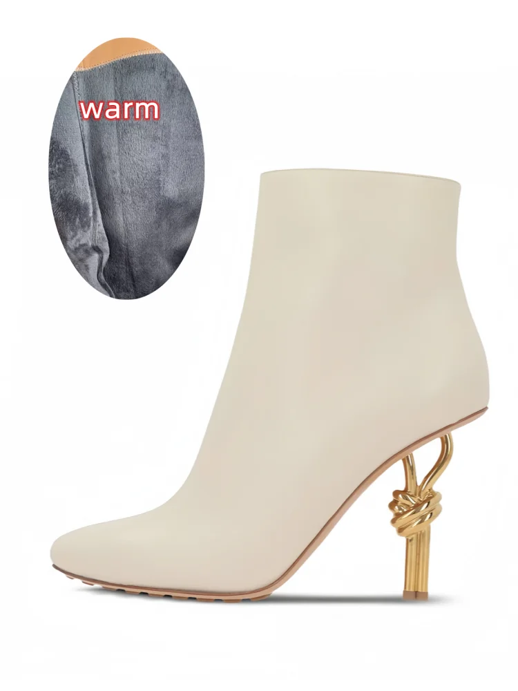 Thermal Square Toe Ankle Boots – Metal Knot Heel Stiletto Boots for Women