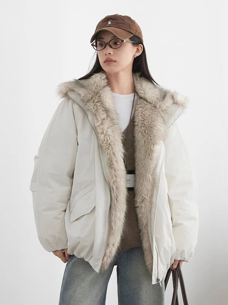 Korean Women’s Down Coat – Loose Hooded Jacket with Faux Fur Collar, 90% White Duck Down, Autumn/Winter 2025