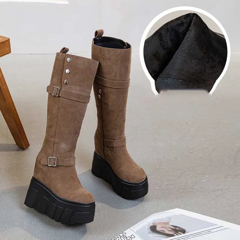 Motorcycle Boots – Microfiber & Synthetic Leather Platform Wedges, Spring/Autumn