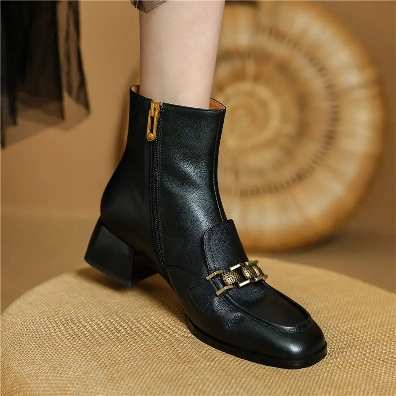 ASUMER Women’s Genuine Leather Ankle Boots – Zipper Square Mid Heels for Autumn & Winter