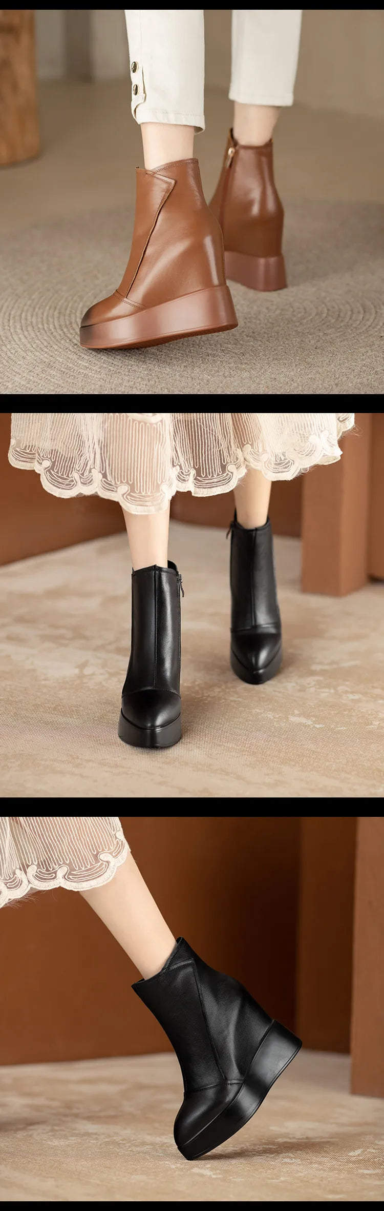 MKKHOU Genuine Leather Pointed Toe Wedge Boots