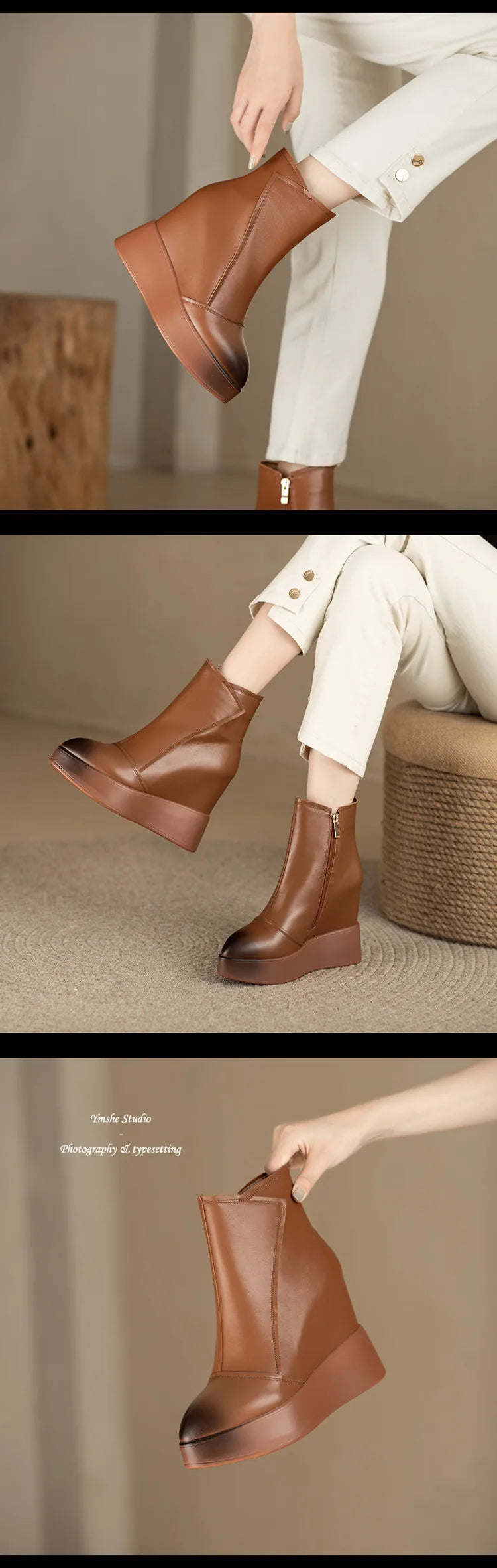 MKKHOU Genuine Leather Pointed Toe Wedge Boots