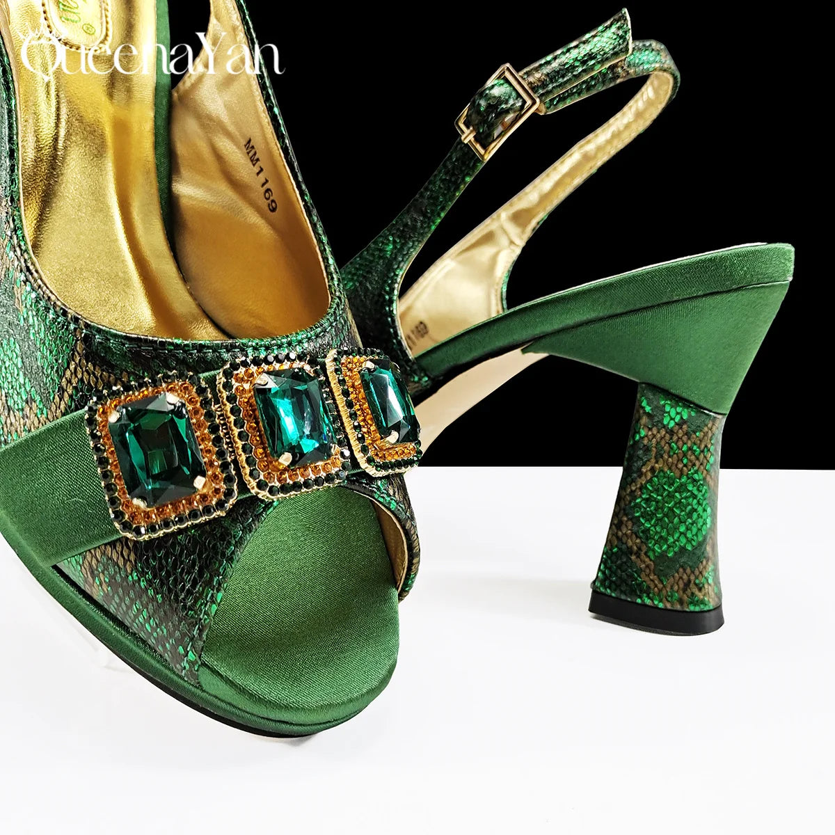 Elegant Green Peep-Toe Heels & Matching Bag Set