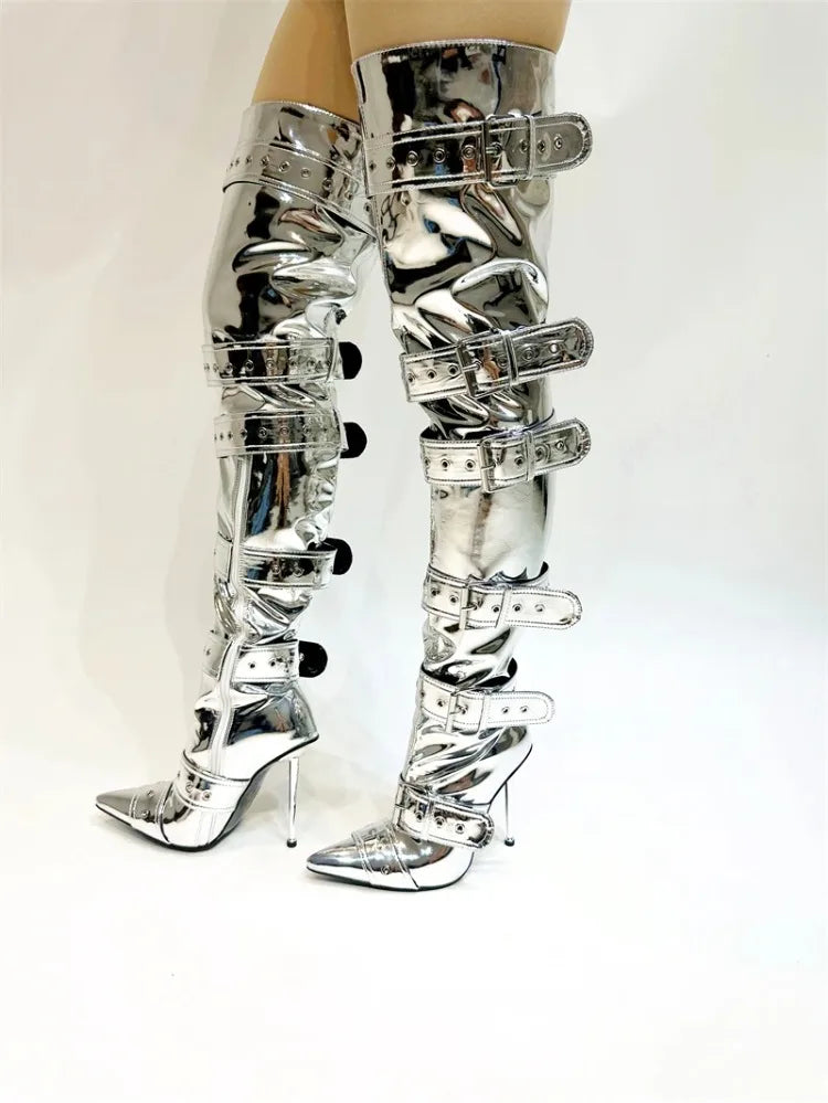 SLSHLYJ Denim Rivet Over-the-Knee Boots – 12cm Heels, Punk Silver Buckle