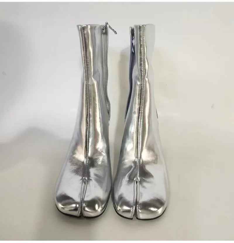 Women’s Split-Toe Tabi Ankle Boots – Chunky High Heel Chelsea Short Booties