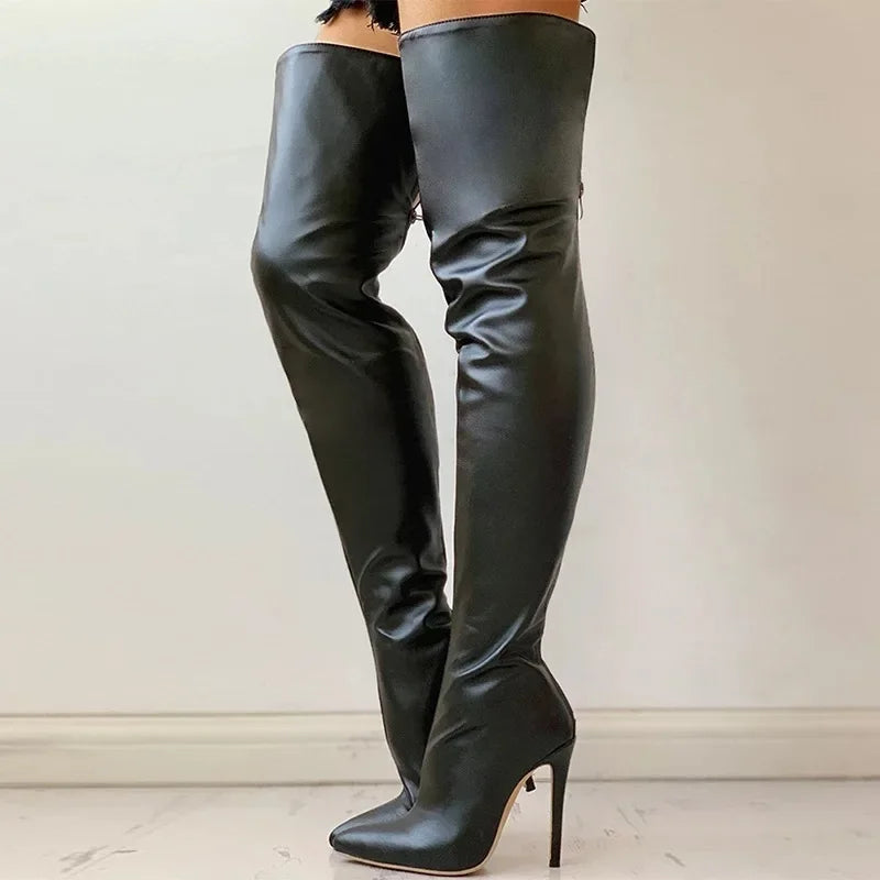 Over-the-Knee Thigh High Boots – Stretch PU Leather High Heel Winter Shoes