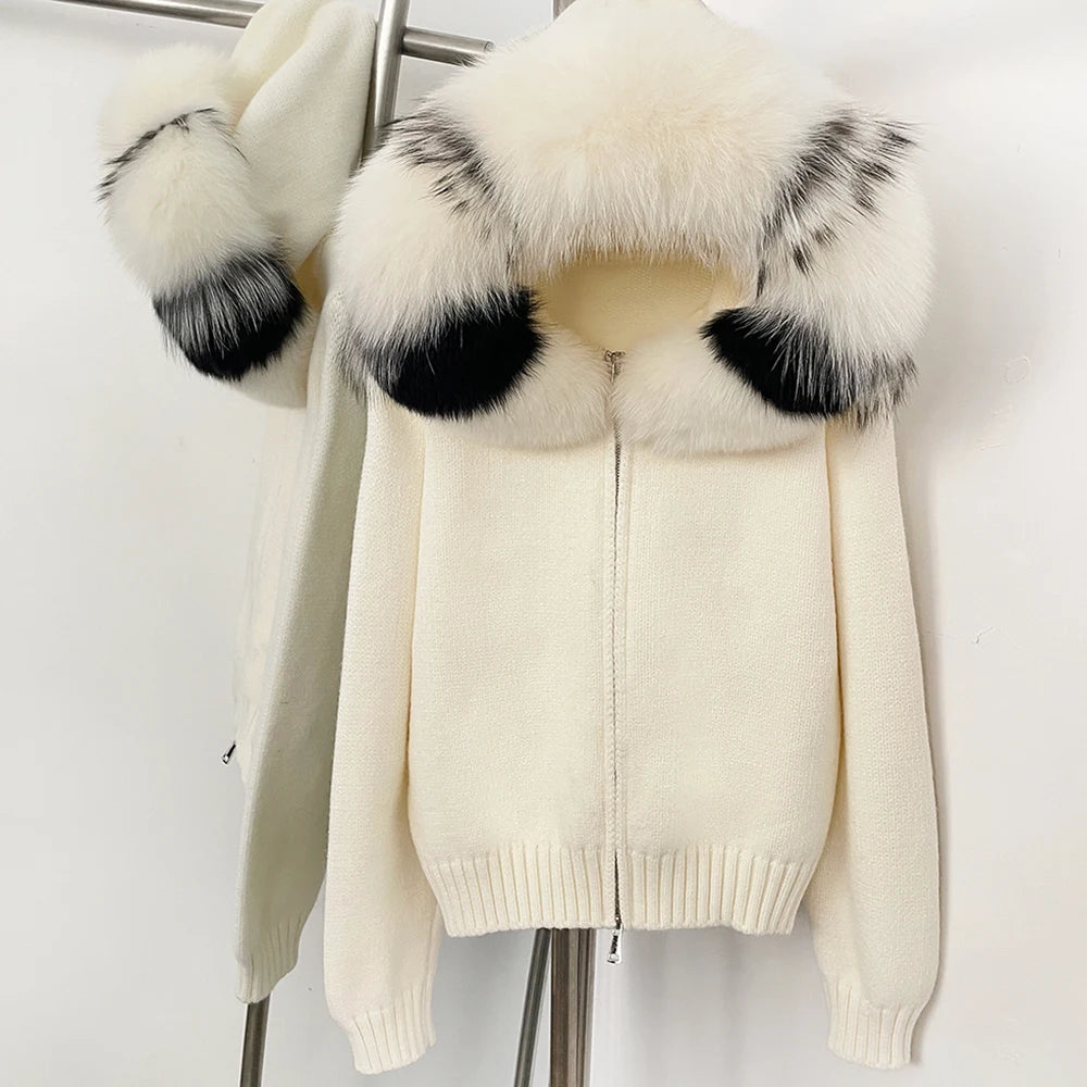 Real Fox Fur Hooded Sweater – Loose Knit Zipper Cardigan