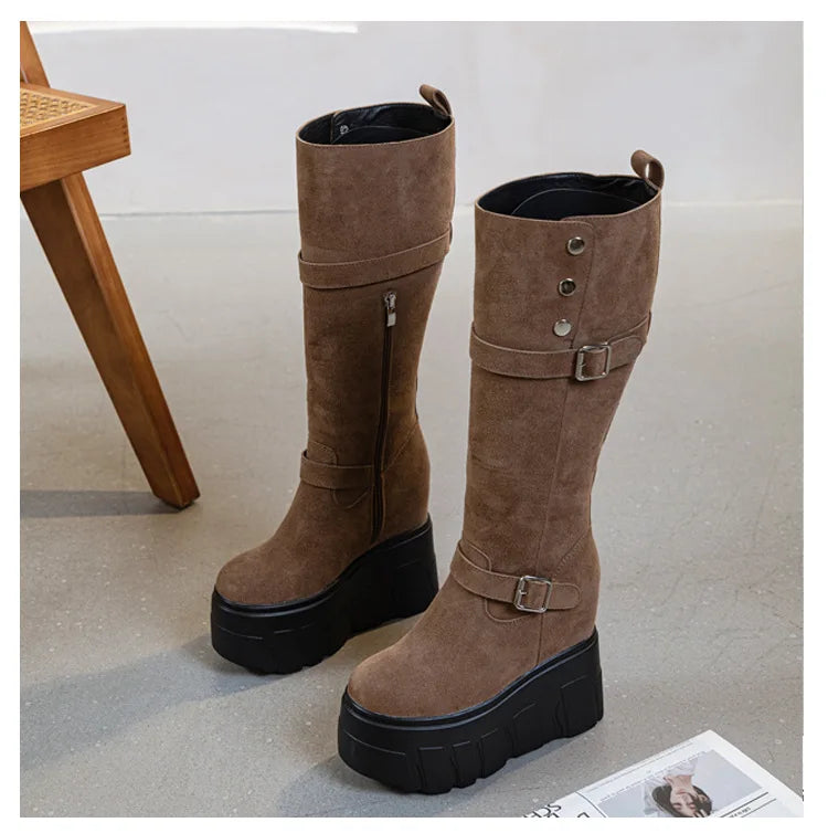 Motorcycle Boots – Microfiber & Synthetic Leather Platform Wedges, Spring/Autumn