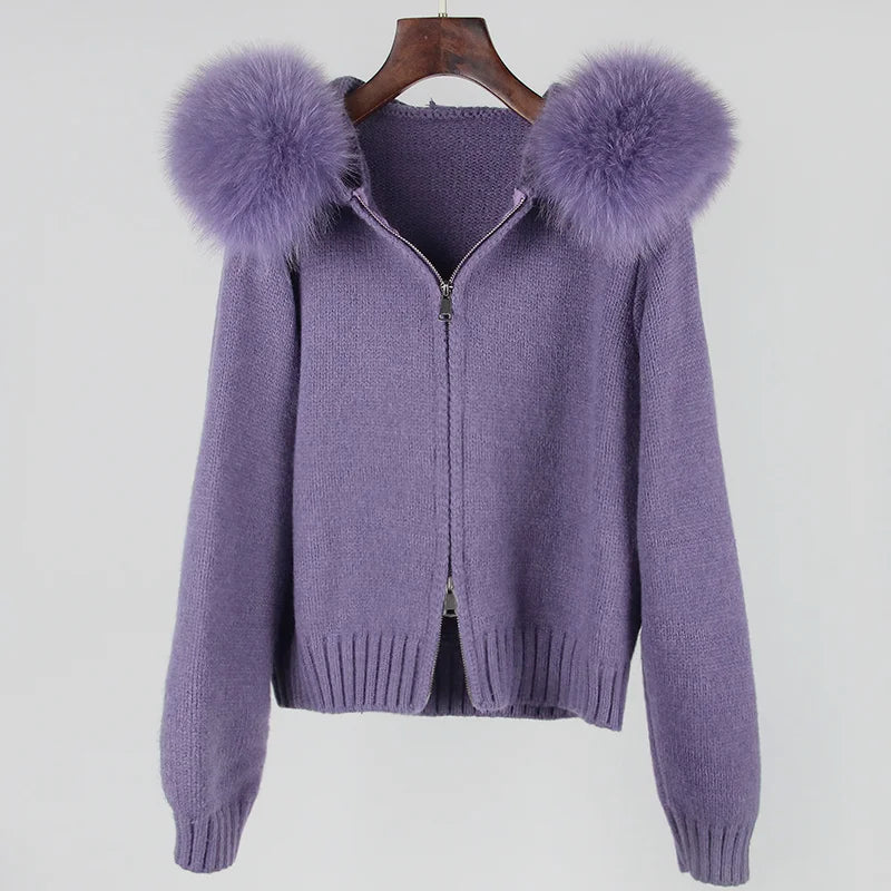 Real Fox Fur Hooded Sweater – Loose Knit Zipper Cardigan