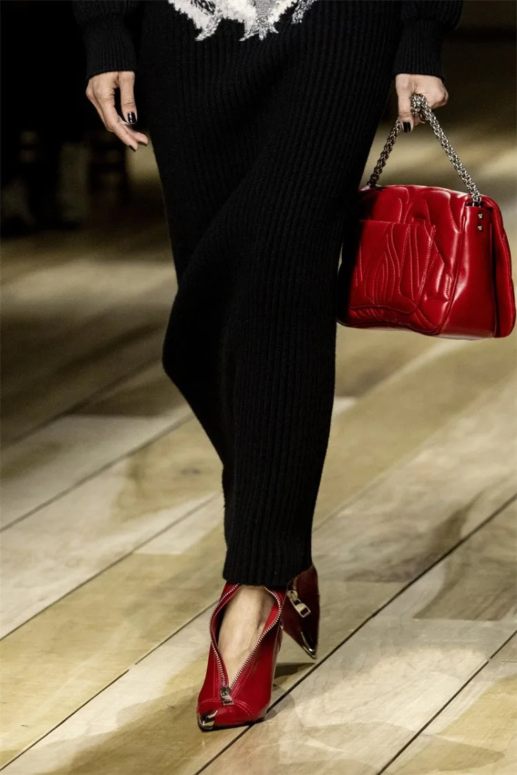 Pointed Ankle Boots – Belt Buckle & Front Zipper,