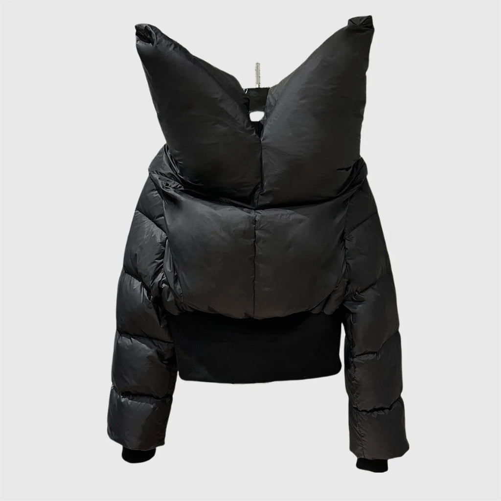 HKSH Asymmetrical Short Down Jacket – Stand Collar Dark Style Winter Coat for Women