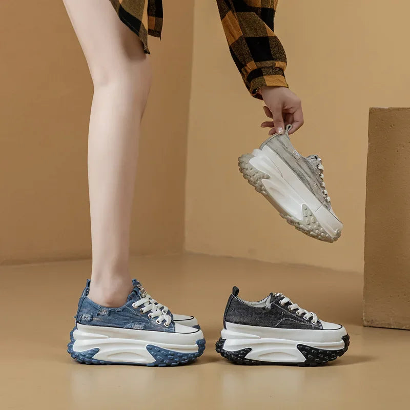 Fujin Denim Leather Platform Sneakers