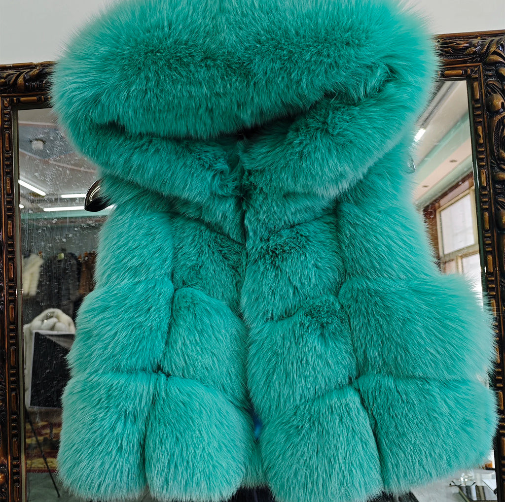 Real Silver Fox Fur Vest – Hooded Genuine Leather Sleeveless Jacket for Women