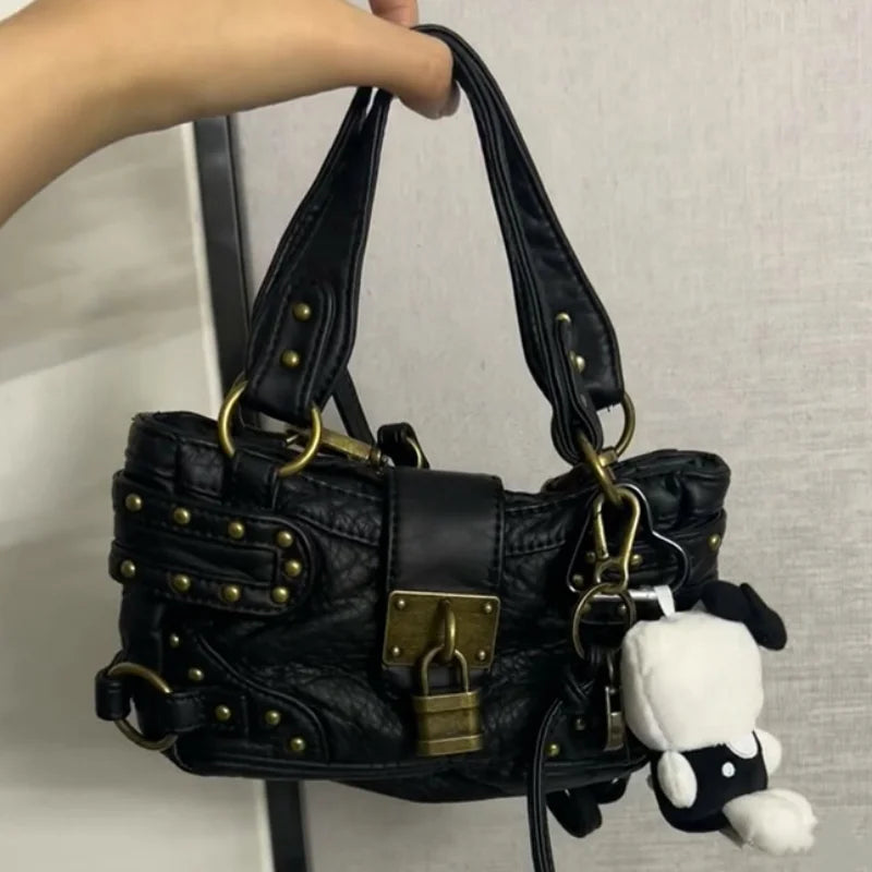 Y2K Motorcycle Handbag – Retro Leopard Print Distressed PU Leather Bag for Women