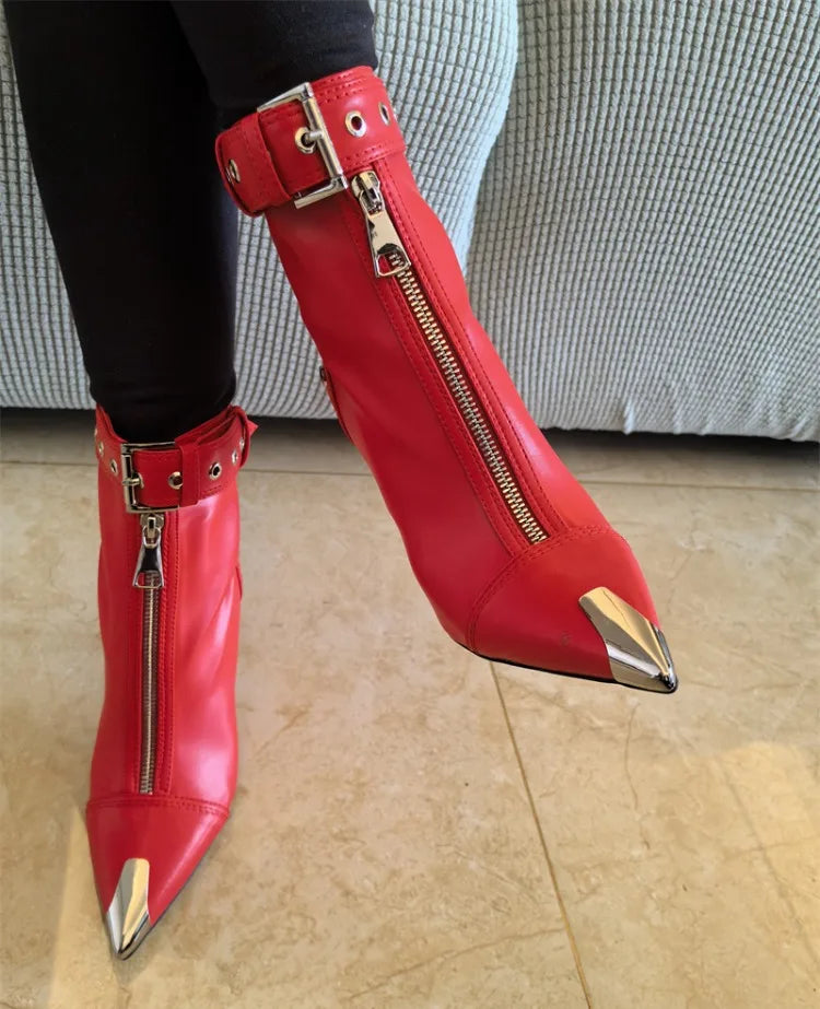 Pointed Ankle Boots – Belt Buckle & Front Zipper,