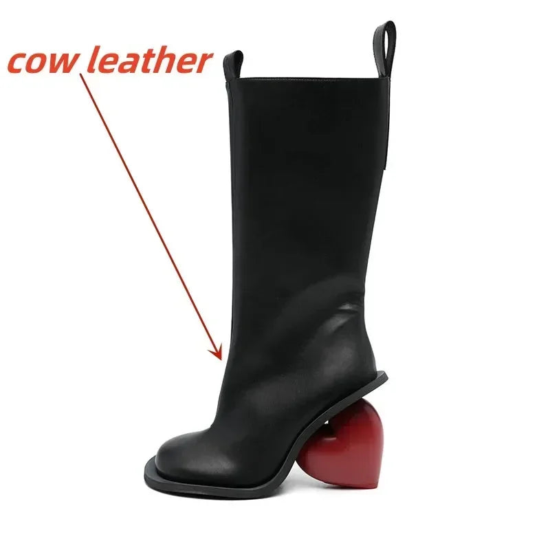 2024 Genuine Leather Mid-Calf Boots for Women – Round Toe High Heels