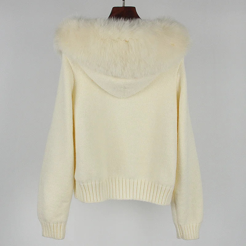 Real Fox Fur Hooded Sweater – Loose Knit Zipper Cardigan