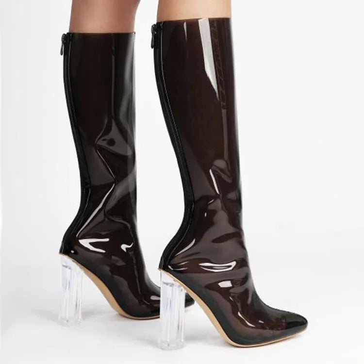 Sexy Pointed Crystal Transparent Knee-High Boots