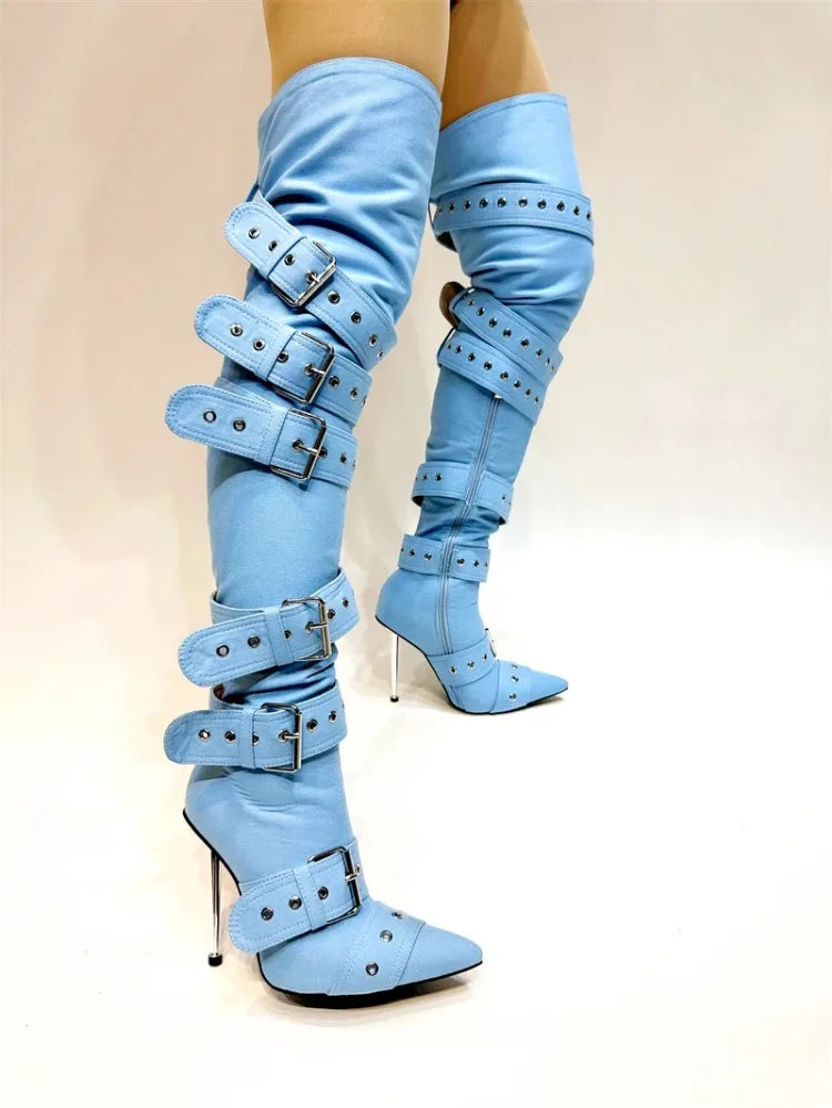 SLSHLYJ Denim Rivet Over-the-Knee Boots – 12cm Heels, Punk Silver Buckle