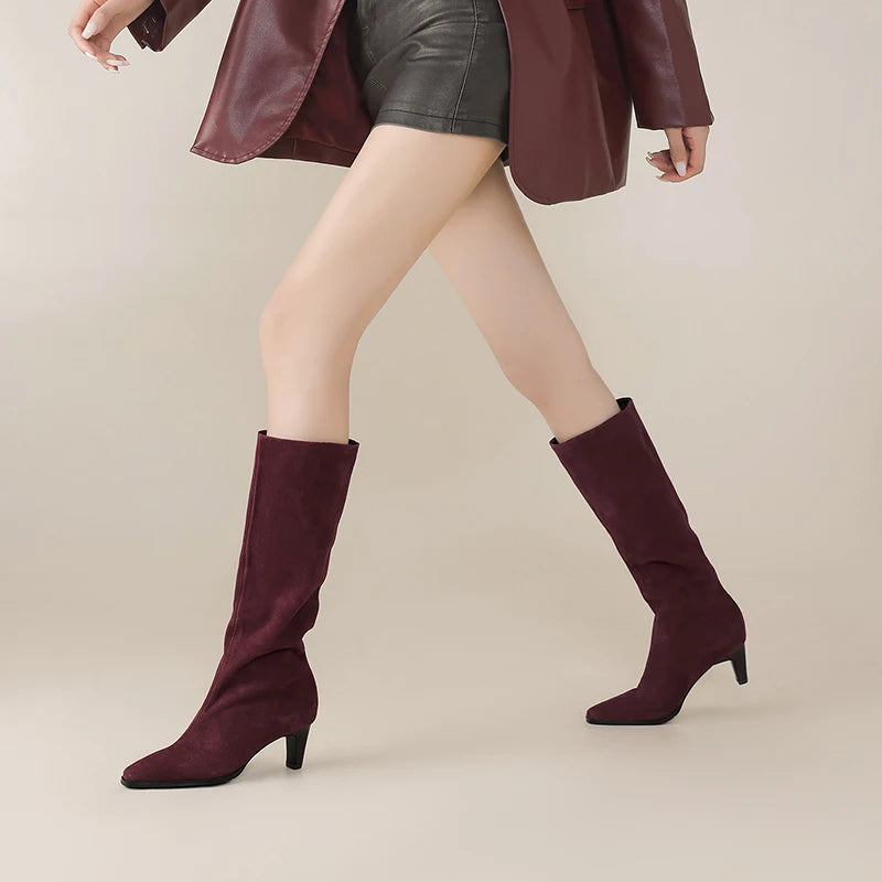 Cow Suede Knee-High Boots – Square Toe Thin High Heels