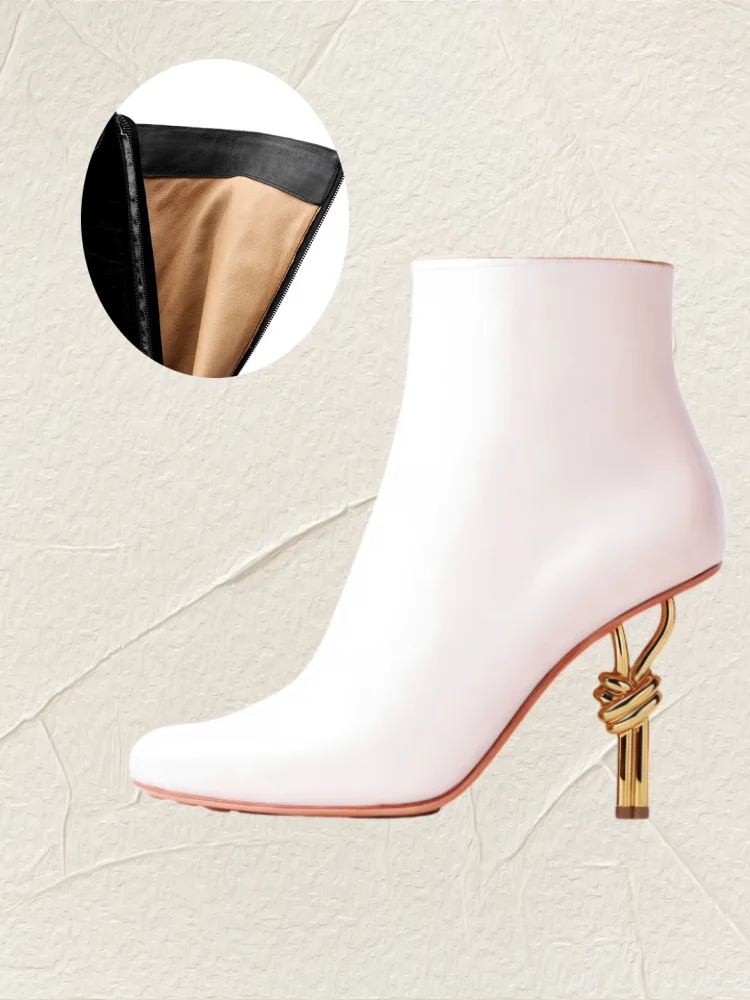 Thermal Square Toe Ankle Boots – Metal Knot Heel Stiletto Boots for Women