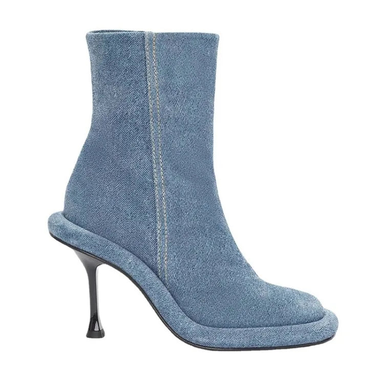 SLSHLYJ Women’s Blue Denim Ankle Boots – High Heel Thick Sole