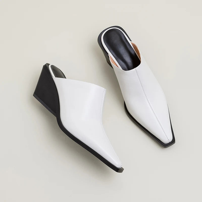 HOLY JASMINE Women’s Genuine Leather Mules – Summer Chunky Heel Wedges