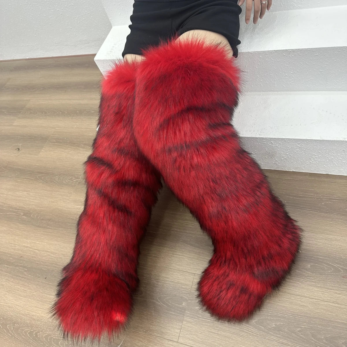 Faux Mongolian Thigh-High Boots Winter Warm Faux Fur Flat Over-the-Knee